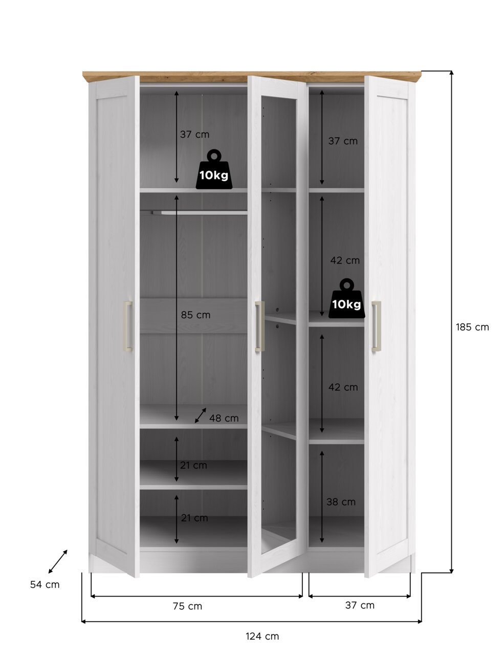 Weißer Kleiderschrank mit Holzplatte oben, drei geöffneten Türen, Kleiderstange und Einlegeböden mit Maßangaben (124×54×185 cm) in Frontalansicht.