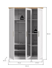 Weißer Kleiderschrank mit Holzplatte oben, drei geöffneten Türen, Kleiderstange und Einlegeböden mit Maßangaben (124×54×185 cm) in Frontalansicht.