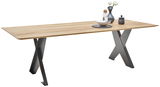 Moderner Esstisch mit Holzplatte und gekreuzten Metallbeinen, seitliche Perspektive