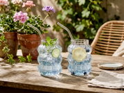 Zwei geriffelte Trinkgläser mit gebogenen Glasstrohhalmen, Eiswasser, Zitrone, Gurke, Minze und Beeren auf einem Gartentisch, frontal aus leichter Obersicht inszeniert