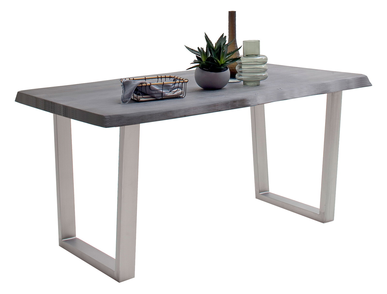 Moderner Esstisch mit grauer Tischplatte und Metallbeinen, seitliche Perspektive