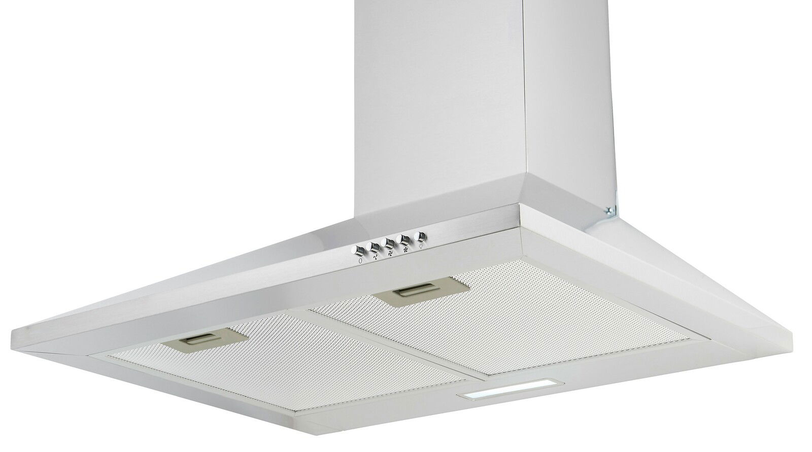 Moderne Edelstahl-Dunstabzugshaube aus der Froschperspektive mit Bedienelementen und Beleuchtung.