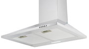 Moderne Edelstahl-Dunstabzugshaube aus der Froschperspektive mit Bedienelementen und Beleuchtung.
