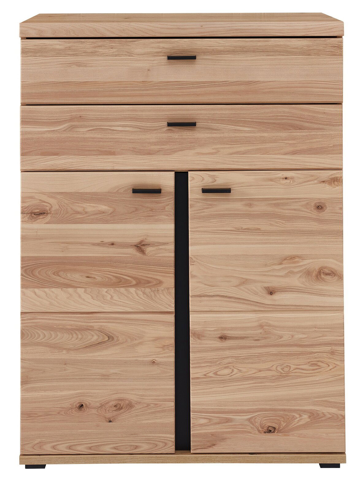 Kombischrank niedrig aus hellem Holz mit zwei Schubladen und zwei Türen, Frontalansicht