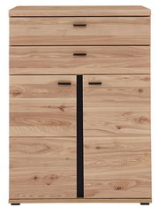 Kombischrank niedrig aus hellem Holz mit zwei Schubladen und zwei Türen, Frontalansicht