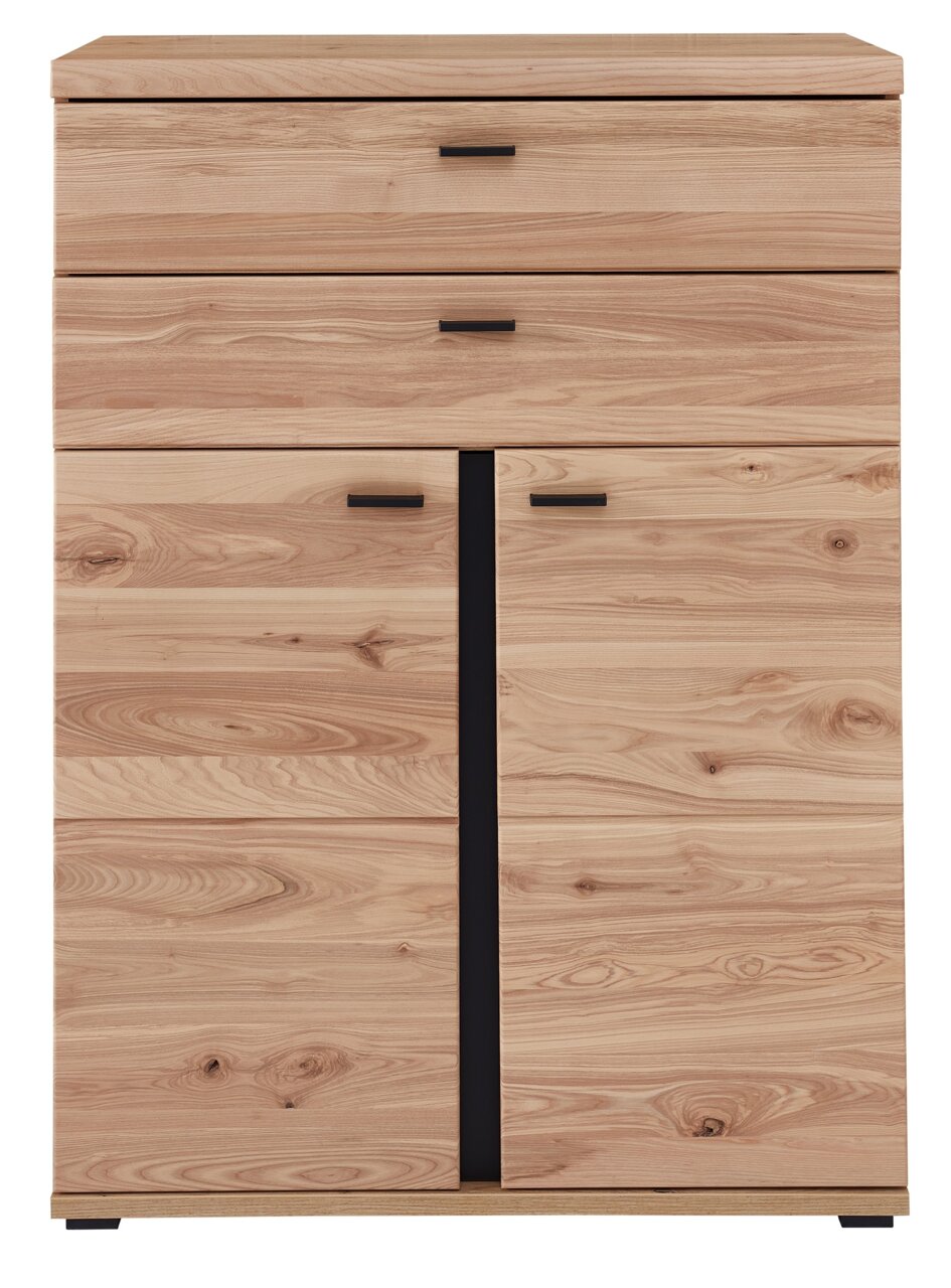 Kombischrank niedrig aus hellem Holz mit zwei Schubladen und zwei Türen, Frontalansicht