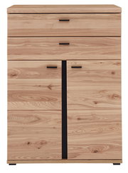 Kombischrank niedrig aus hellem Holz mit zwei Schubladen und zwei Türen, Frontalansicht