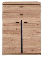 Kombischrank niedrig aus hellem Holz mit zwei Schubladen und zwei Türen, Frontalansicht