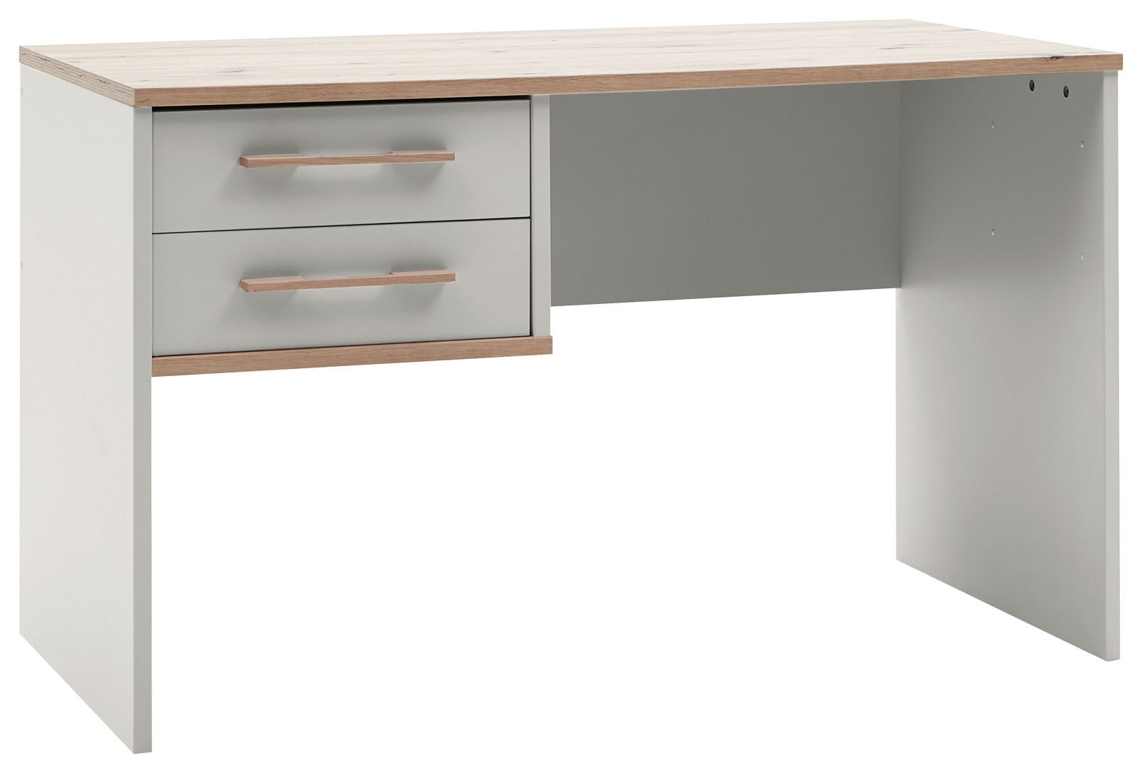 Venda Schreibtisch MANHATTAN Moderner Schreibtisch mit zwei Schubladen, Holzoptik und grauen Fronten, seitliche Perspektive