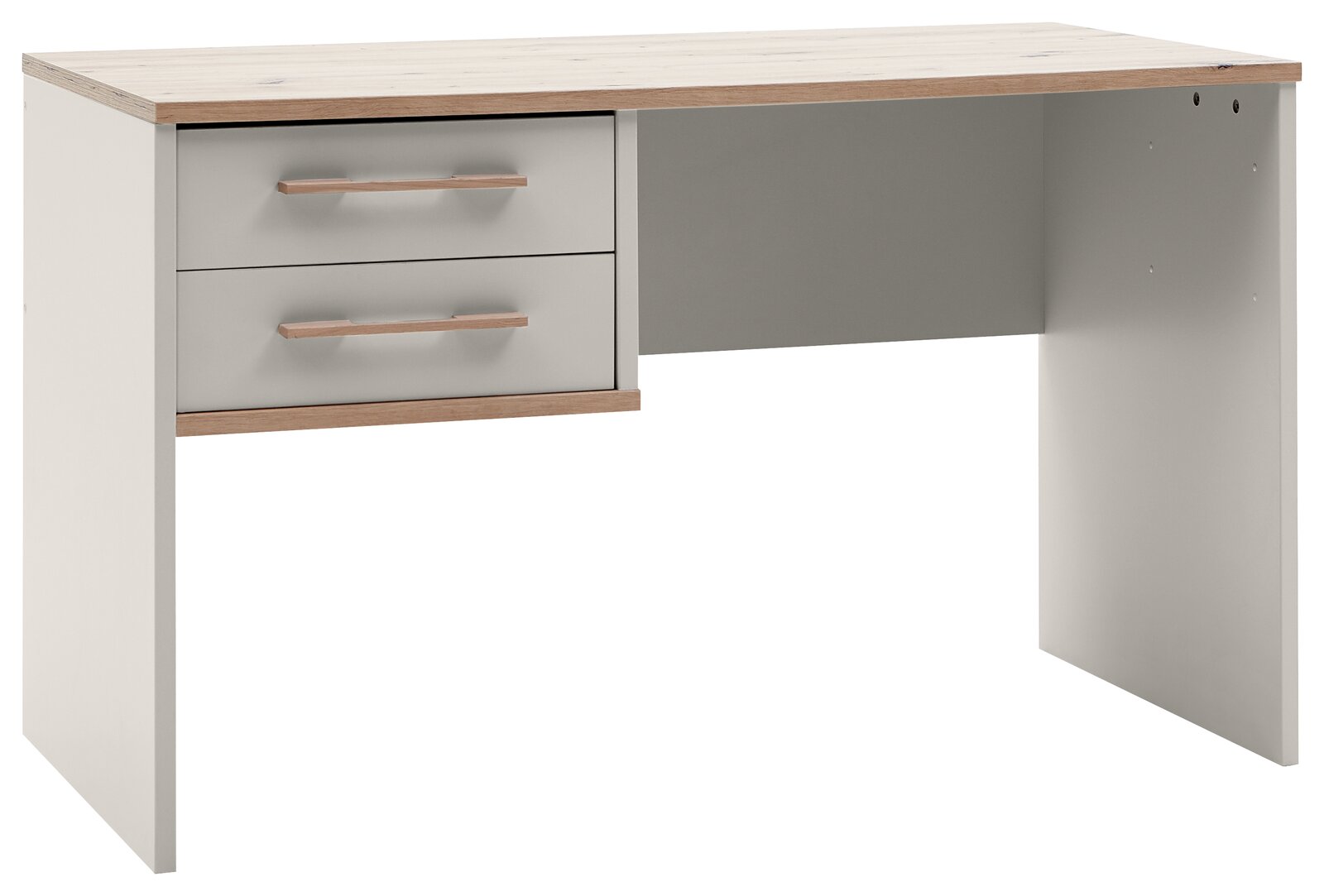 Venda Schreibtisch MANHATTAN Moderner Schreibtisch mit zwei Schubladen, Holzoptik und grauen Fronten, seitliche Perspektive