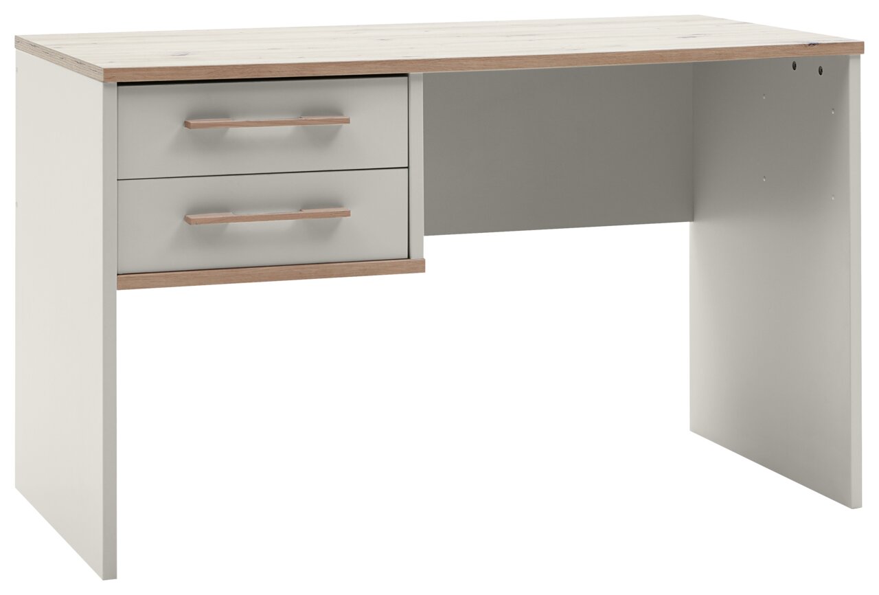 Venda Schreibtisch MANHATTAN Moderner Schreibtisch mit zwei Schubladen, Holzoptik und grauen Fronten, seitliche Perspektive