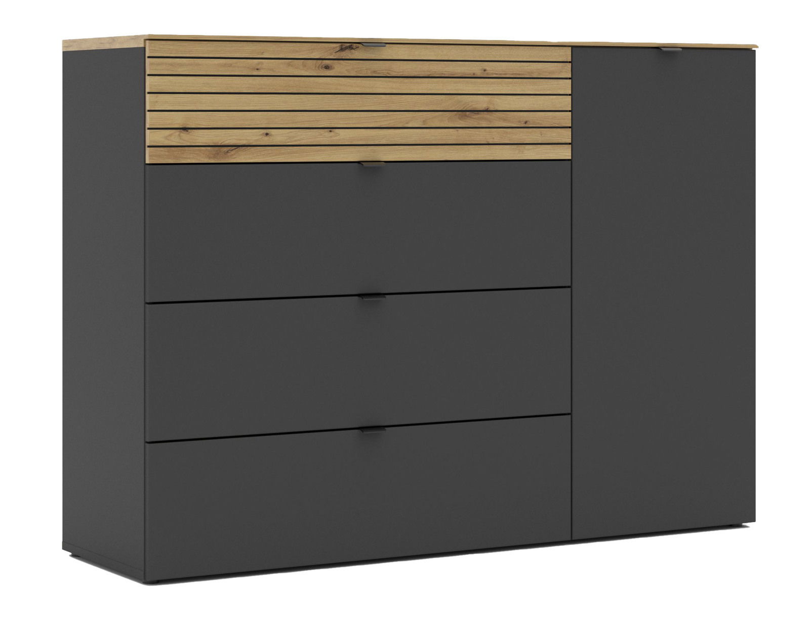 Kombi-Kommode in dunklem Grau mit Holzdetails, Frontansicht