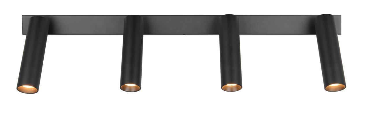 Schwarzer Strahler Ambala mit vier zylindrischen Leuchten, frontal betrachtet.