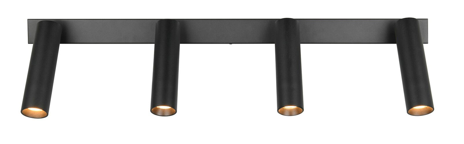 Schwarzer Strahler Ambala mit vier zylindrischen Leuchten, frontal betrachtet.