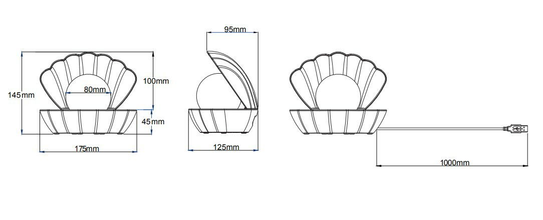 Technische Zeichnung einer LED-Tischleuchte in Muschelform mit Maßen. Perspektive von vorne und seitlich.