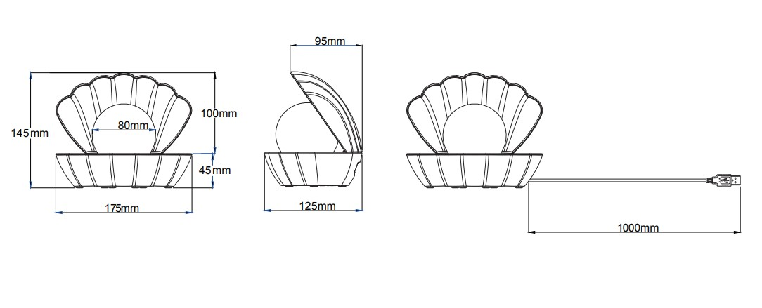 Technische Zeichnung einer LED-Tischleuchte in Muschelform mit Maßen. Perspektive von vorne und seitlich.
