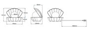 Technische Zeichnung einer LED-Tischleuchte in Muschelform mit Maßen. Perspektive von vorne und seitlich.