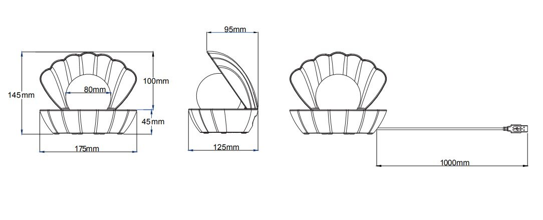 Technische Zeichnung einer LED-Tischleuchte in Muschelform mit Maßen. Perspektive von vorne und seitlich.