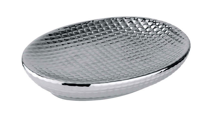 Elegante Keramik Seifenablage Dakar in glänzendem Silber mit strukturierter Oberfläche, seitliche Perspektive.