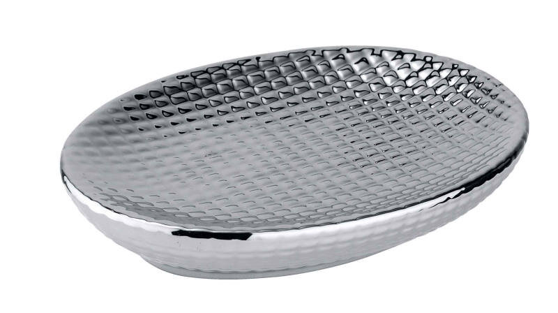 Elegante Keramik Seifenablage Dakar in glänzendem Silber mit strukturierter Oberfläche, seitliche Perspektive.