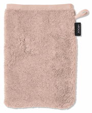 Rosa Waschhandschuh aus Frottee mit Aufhängeschlaufe und Markenetikett, Vorderansicht