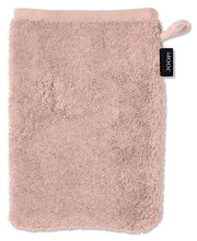 Rosa Waschhandschuh aus Frottee mit Aufhängeschlaufe und Markenetikett, Vorderansicht