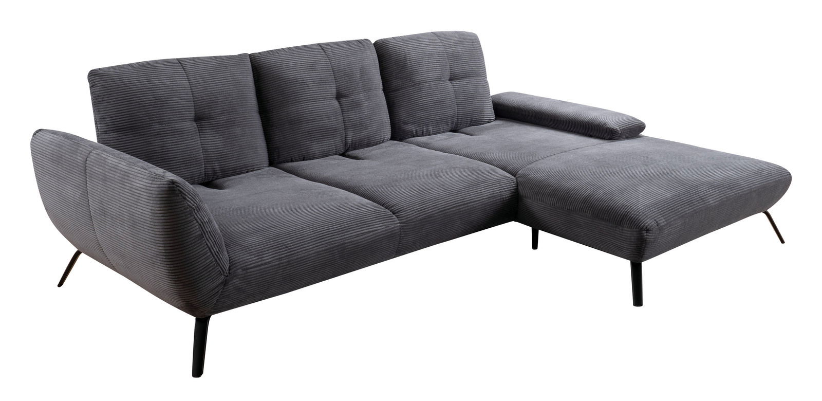 Graues Ecksofa mit modernem Design, von schräg vorne fotografiert.