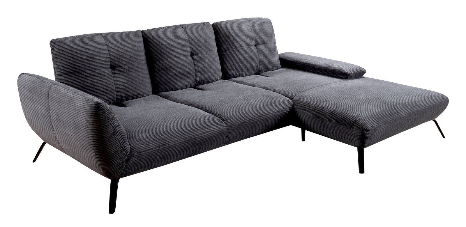Graues Ecksofa mit modernem Design, von schräg vorne fotografiert.