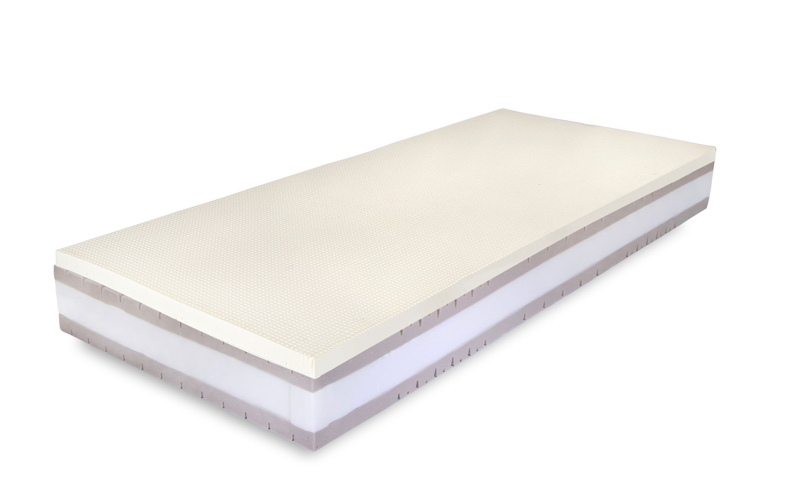 Taschenfederkernmatratze in seitlicher Perspektive mit mehreren Schichten und einer strukturierten Oberfläche
