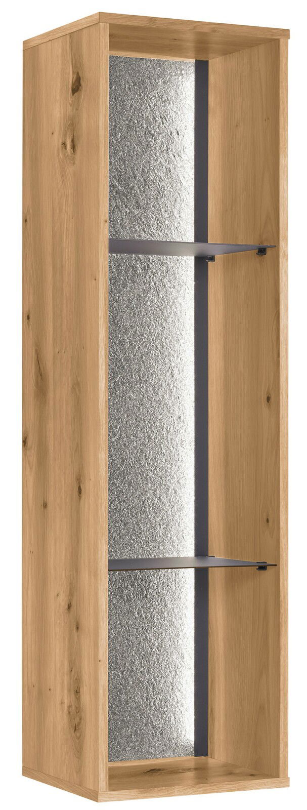 Holzregal mit zwei Glasböden, seitliche Perspektive