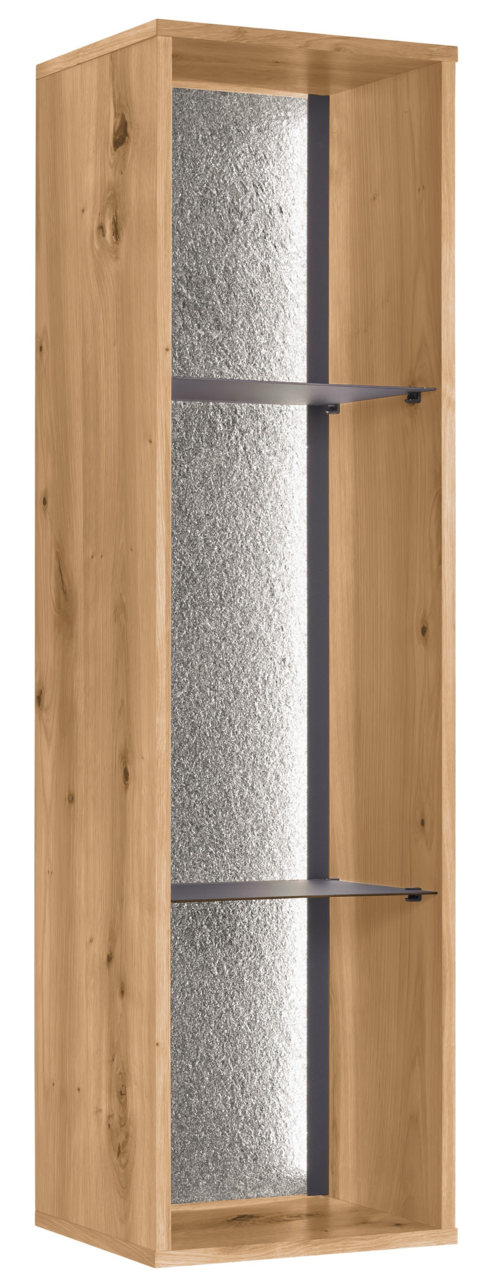 Holzregal mit zwei Glasböden, seitliche Perspektive