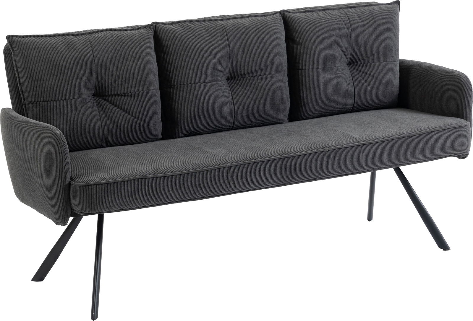Dreisitzer-Bank in dunklem Stoff mit modernen, schrägen Metallbeinen, seitliche Perspektive