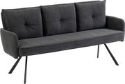 Dreisitzer-Bank in dunklem Stoff mit modernen, schrägen Metallbeinen, seitliche Perspektive