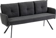Dreisitzer-Bank in dunklem Stoff mit modernen, schrägen Metallbeinen, seitliche Perspektive