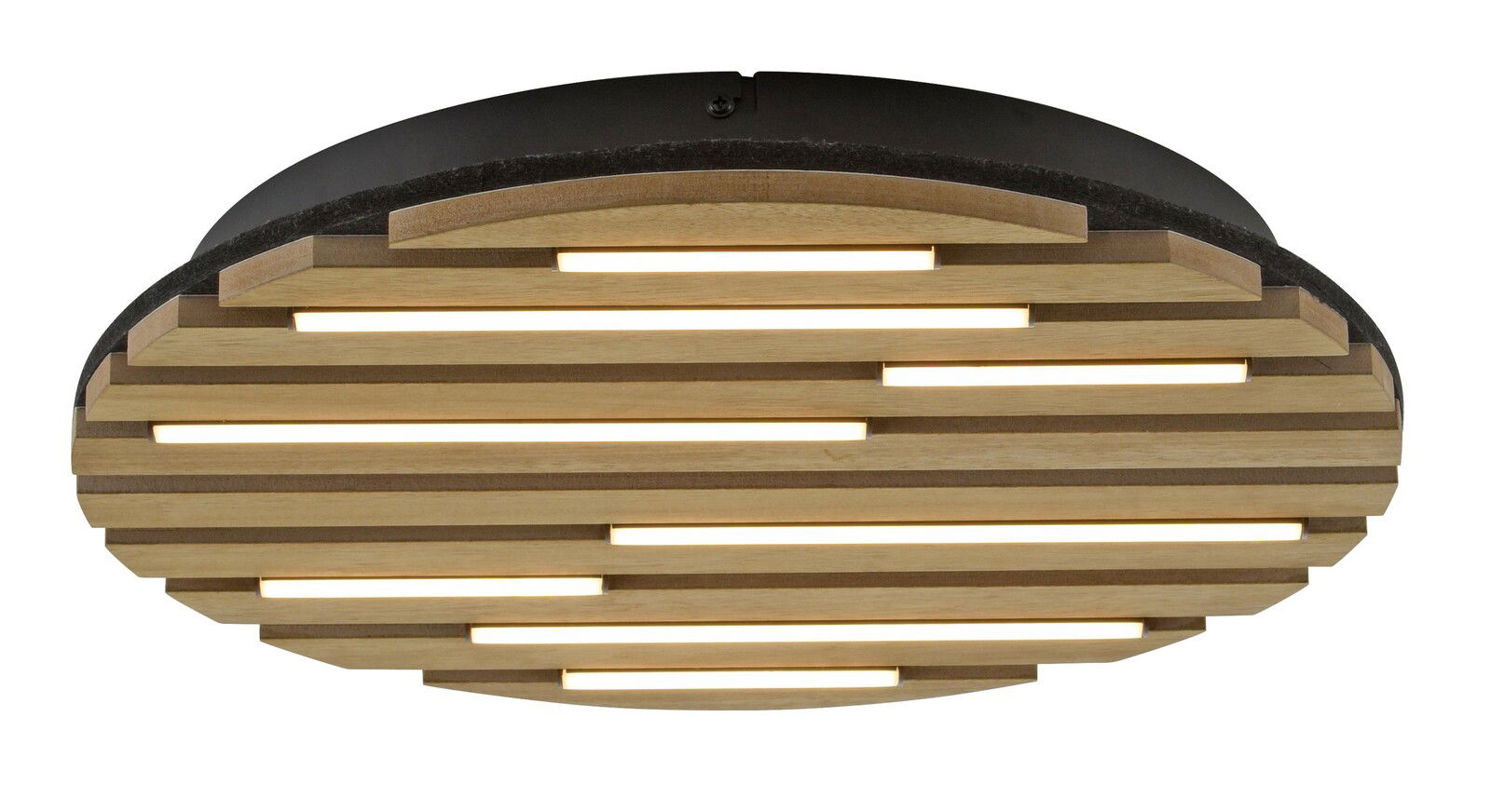 Moderne Deckenleuchte aus Holz mit horizontalen Streben, seitliche Perspektive