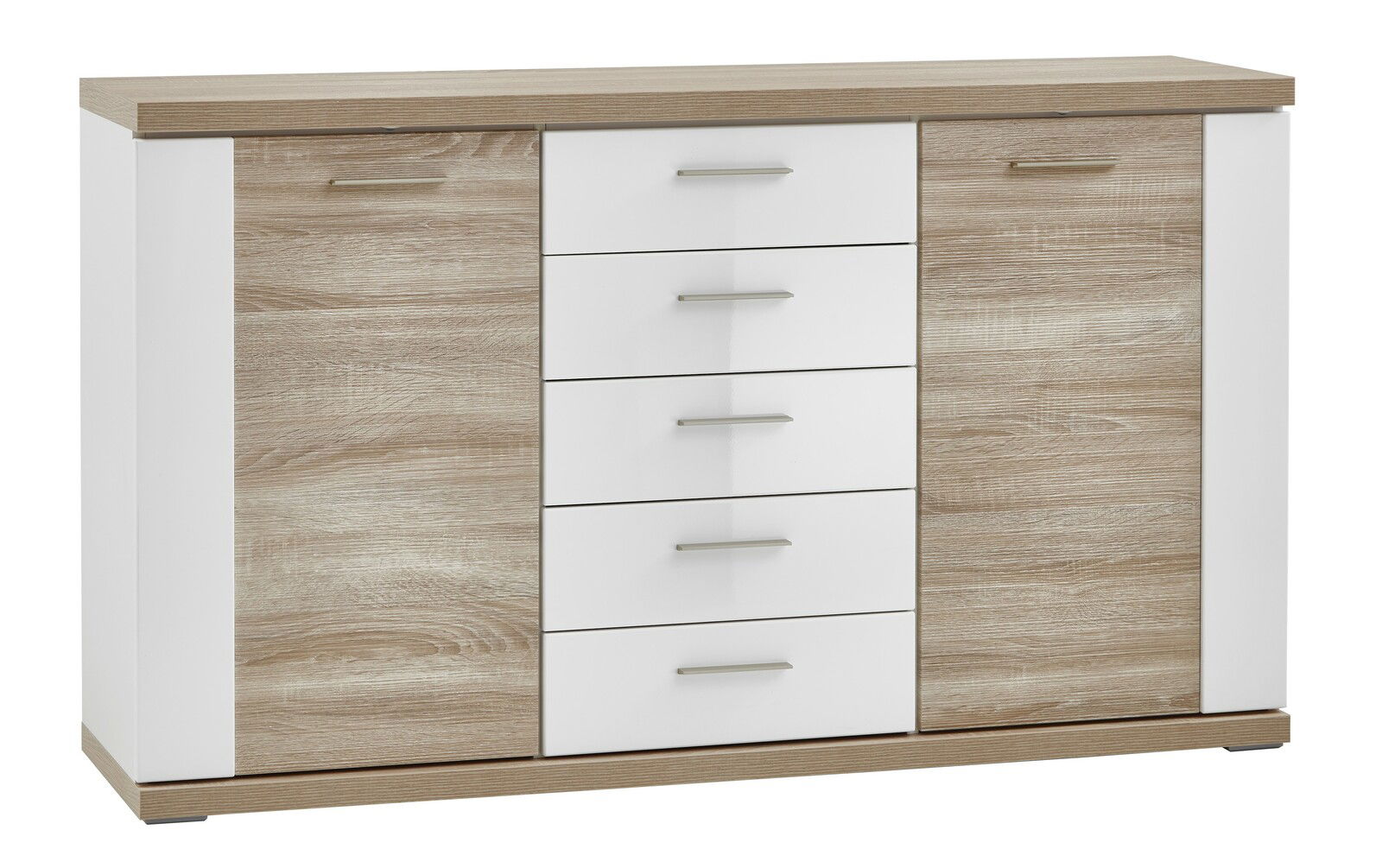 Frontale Ansicht eines modernen Sideboards mit Holzoptik und weißen Schubladen.