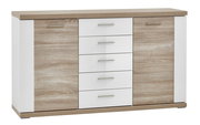 Frontale Ansicht eines modernen Sideboards mit Holzoptik und weißen Schubladen.