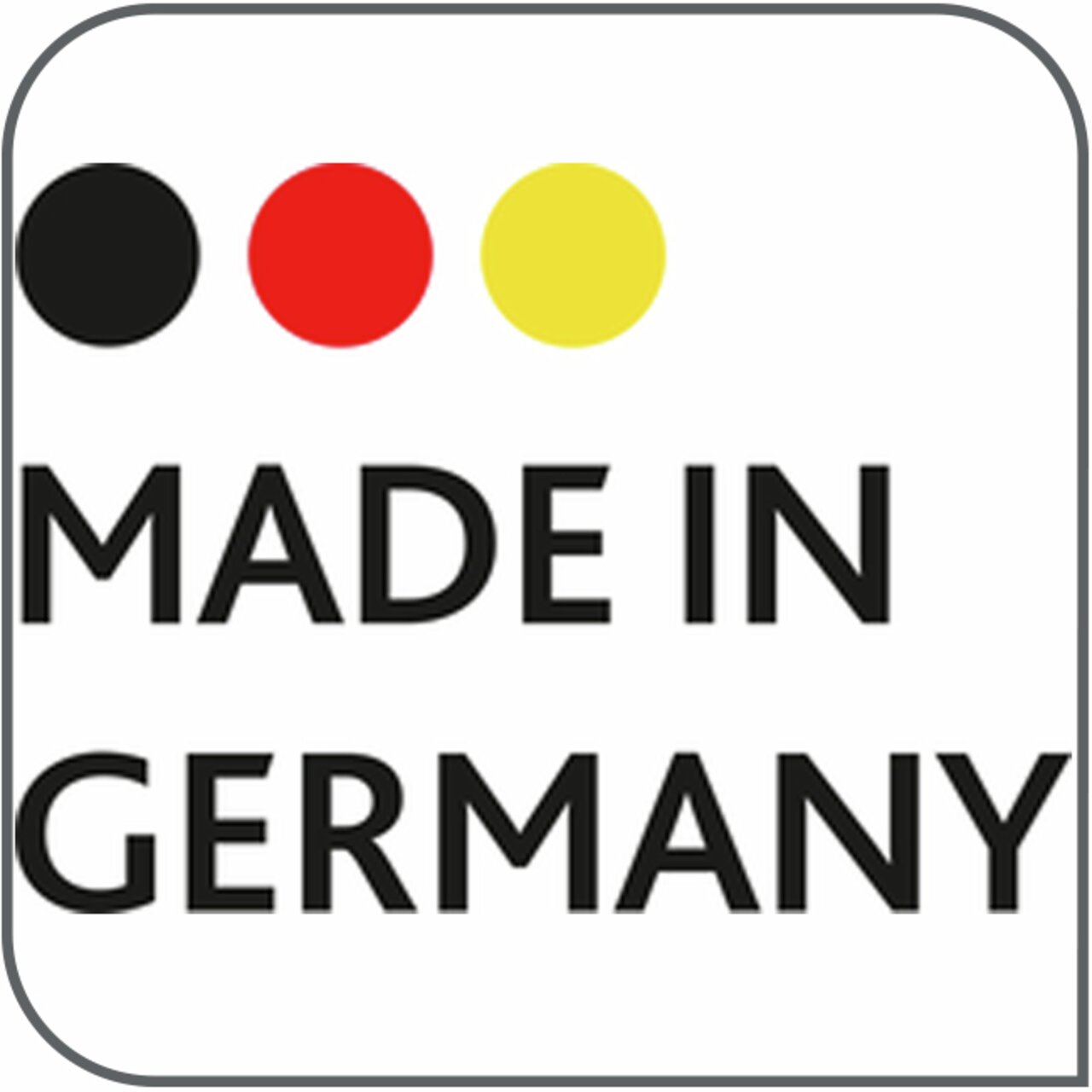 Logo mit der Aufschrift 'Made in Germany' in schwarzer Schrift auf weißem Hintergrund, mit drei darüber liegenden Punkten in den Farben Schwarz, Rot und Gelb. Perspektive: Frontalansicht.