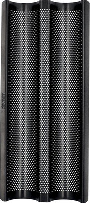 Vogelperspektive auf ein perforiertes Baguette-Backblech mit zwei Mulden, ideal für knuspriges Brot.