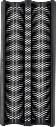 Vogelperspektive auf ein perforiertes Baguette-Backblech mit zwei Mulden, ideal für knuspriges Brot.