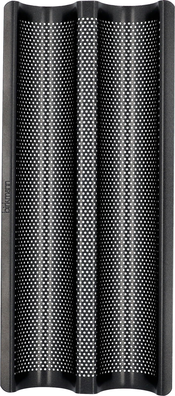 Vogelperspektive auf ein perforiertes Baguette-Backblech mit zwei Mulden, ideal für knuspriges Brot.