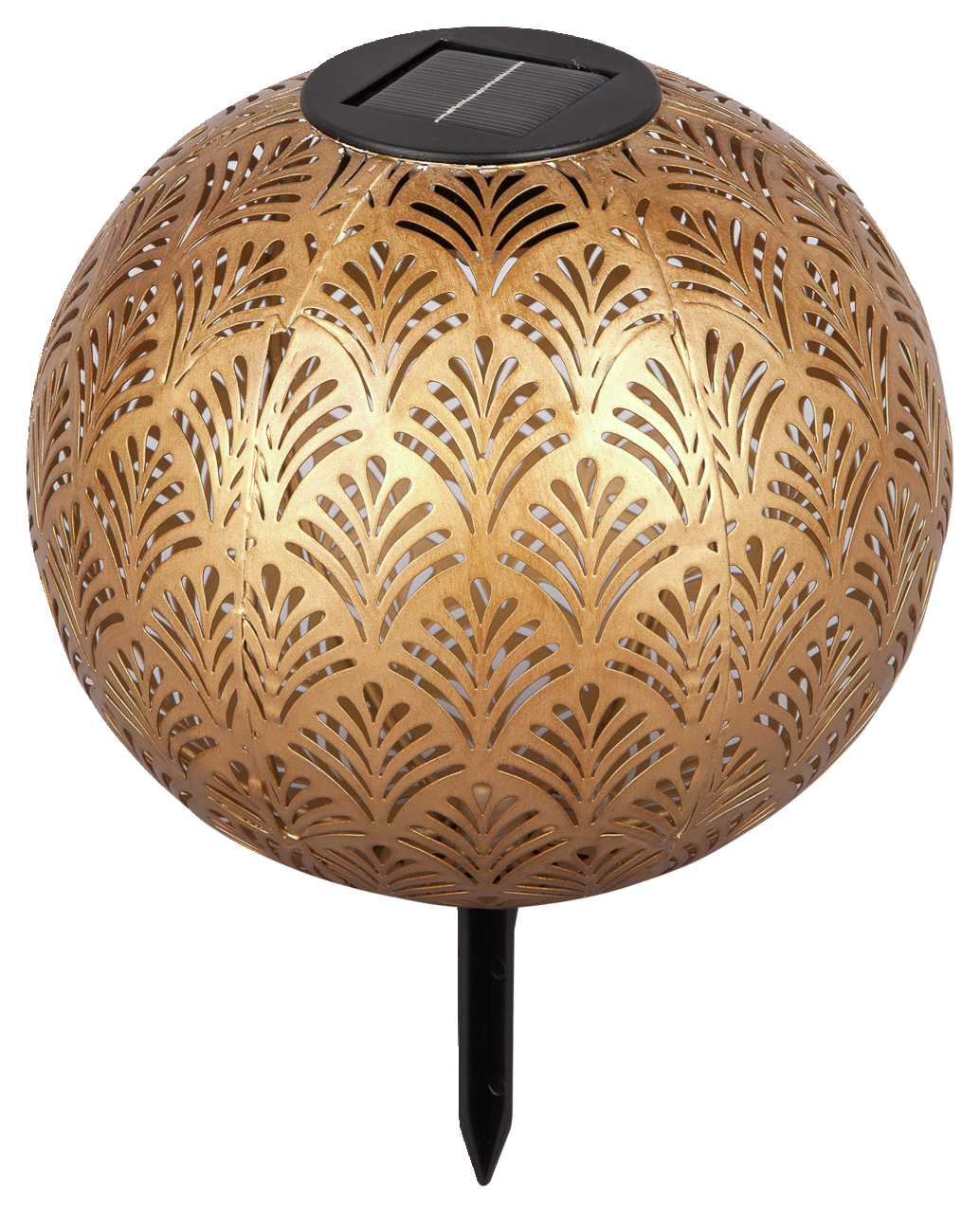 Goldene Solarleuchte mit dekorativem Muster, seitliche Perspektive