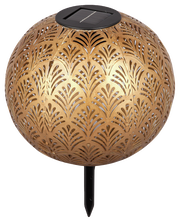 Goldene Solarleuchte mit dekorativem Muster, seitliche Perspektive