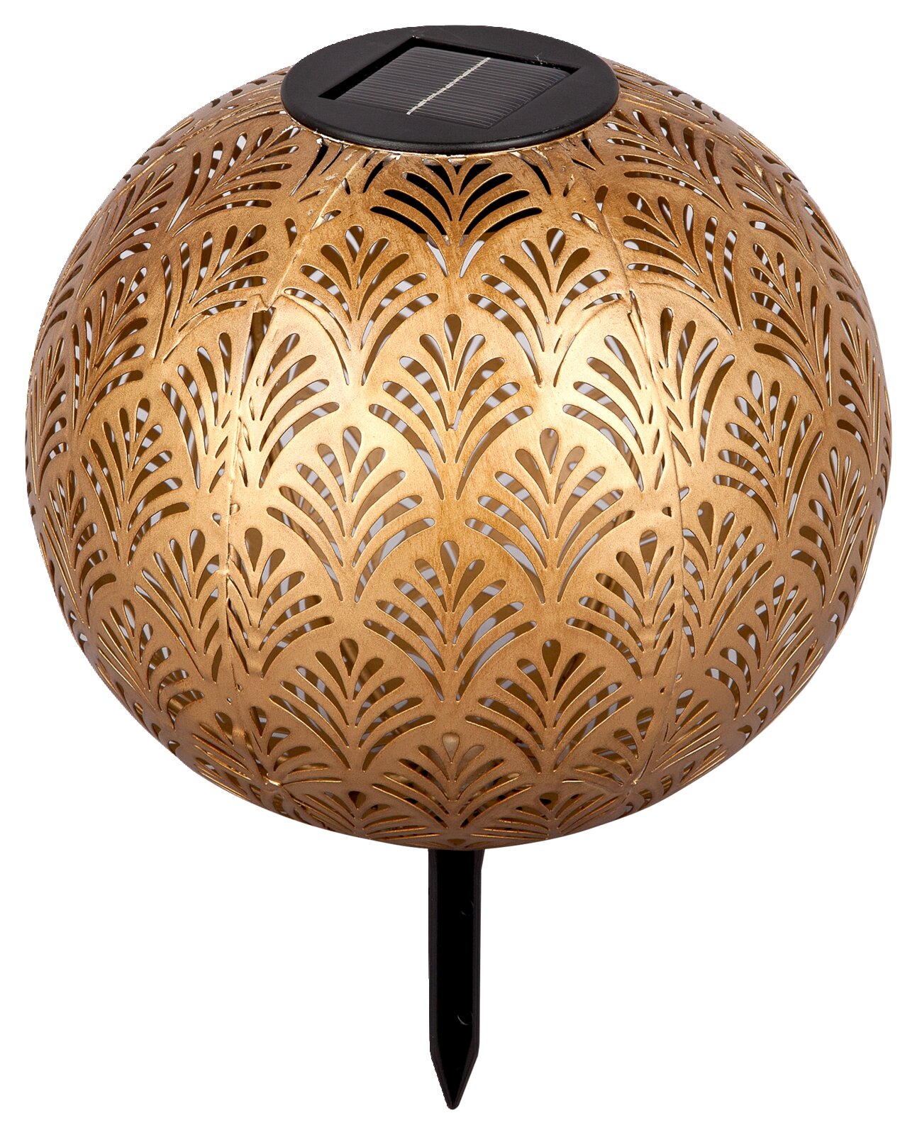 Goldene Solarleuchte mit dekorativem Muster, seitliche Perspektive