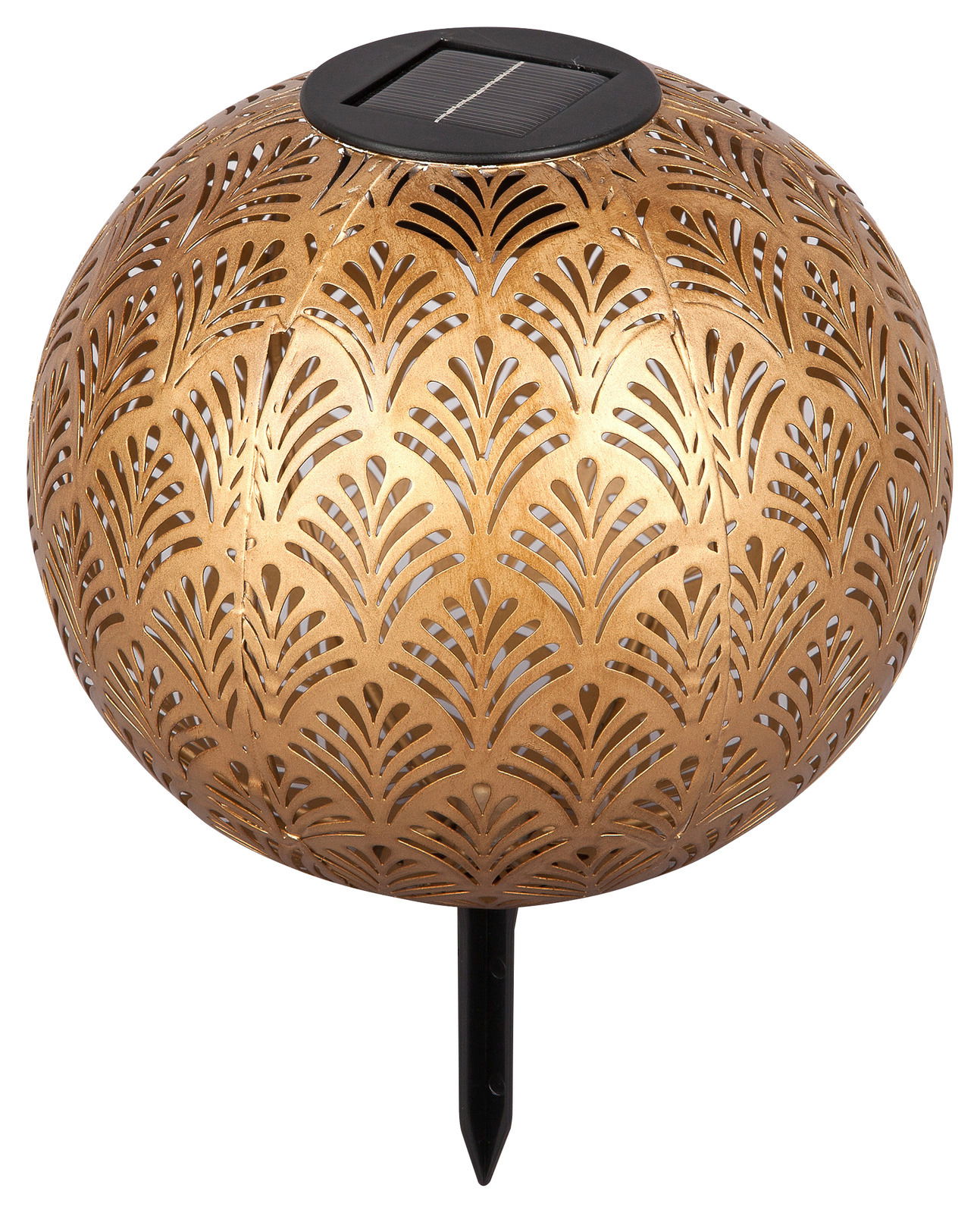 Goldene Solarleuchte mit dekorativem Muster, seitliche Perspektive