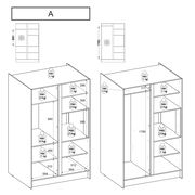 Zwei Küchenschränke in perspektivischer Ansicht, einer mit mehreren Regalböden und der andere mit einer großen offenen Fläche, beide mit Gewichtsangaben für die Regale.