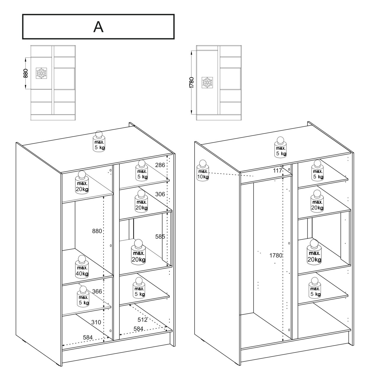 Twee keukenkasten in perspectief, de ene met meerdere planken en de andere met een groot open vlak, beide met gewichtsgegevens voor de planken.