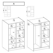 Twee keukenkasten in perspectief, de ene met meerdere planken en de andere met een groot open vlak, beide met gewichtsgegevens voor de planken.