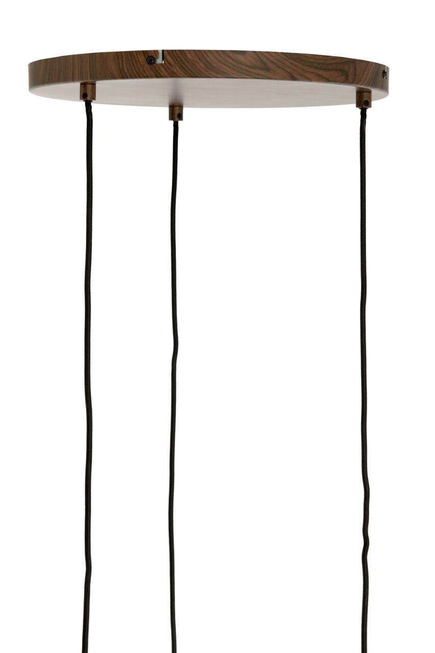 Ronde plafondlamp met een plafondkap in houtlook en drie zwarte textielkabels, zijaanzicht van onderaf