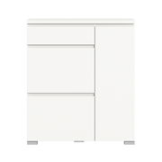 Weißer Schuhschrank mit zwei Schubladen und einer Tür, frontale Ansicht